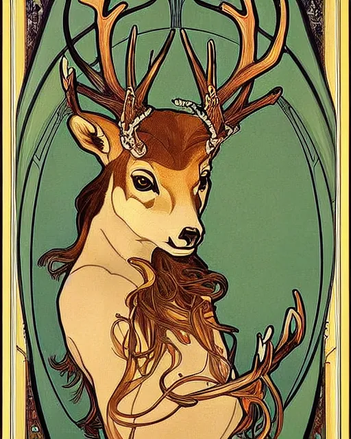 Image similar to an art nouveau painting of a deer with antlers, highly detailed, intricate, artstation, by alphonse mucha and james gurney