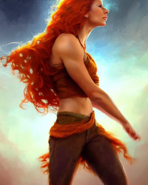 Prompt: : latina actress wearing halter top, perfect face, flowing ginger hair, abs, cinematic, stunning, athletic, strong, agile, highly detailed, psychedelic, digital painting, artstation, smooth, hard focus, illustration, art by jessica rossier and and brian froud