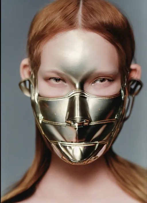 Image similar to a fashion portrait photograph of a woman wearing a metal mask designed by balenciaga, 3 5 mm, color film camera,