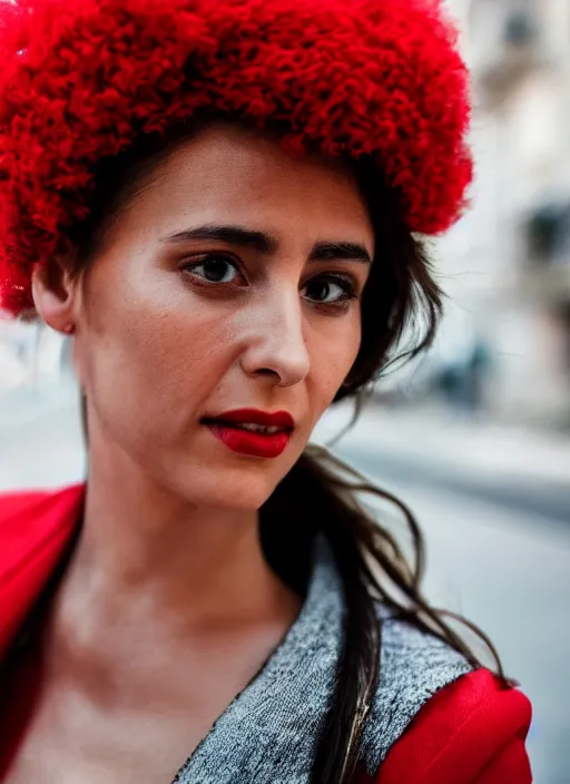 Image similar to close up portrait of beautiful Italian woman, wearing a red outfit, well-groomed model, candid street portrait in the style of Steve McCurry award winning