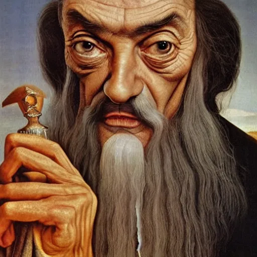 Prompt: A portrait of Mr. bean depicted as Gandalf, renaissance oil painting by Salvador Dali