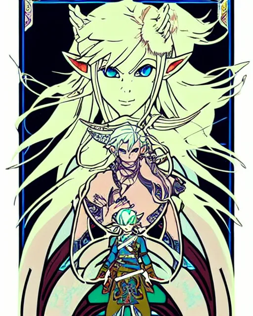 Image similar to link as the fierce diety form with white hair!! from the legend of zelda!! portrait illustration, pop art, splash painting, art by geof darrow, ashley wood, alphonse mucha, makoto shinkai