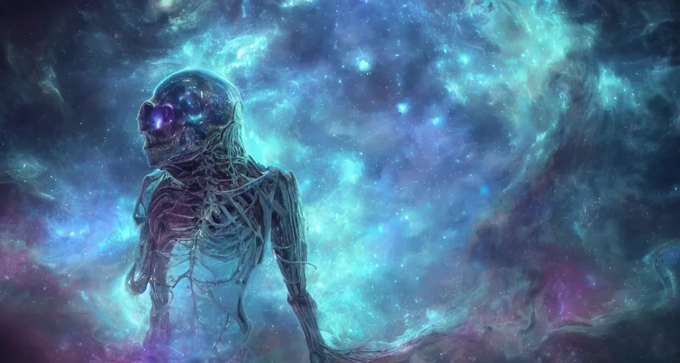 Image similar to a photo of one enormous humanoid pearlescent!! smoke!! nervous system skeletal ephemeral!! cosmic! old god!! floating in space!! in a nebula!!!!, 4 k, unreal engine, concept art, matte painting, cosmic horror!!, nightmare, color accents,