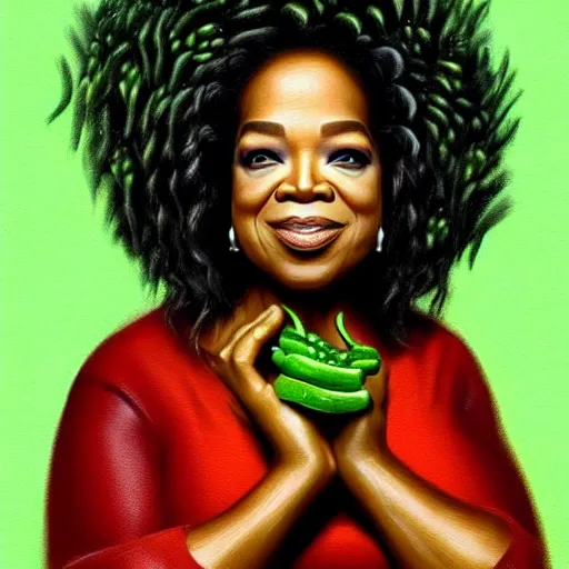 Image similar to a dish of oprah winfreys face fused with okra veg with green stalky ( ( green oprah winfrey's face ) ), oprah okra winfrey sentient veg, by greg rutkowski