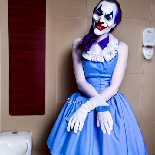 Prompt: the Joker wearing maid dress in restroom, fully body photo, realistic, blue lighting