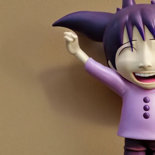 Image similar to purple clay character, laughing, studio ghibli looking at the camera, cute anime style, octane render