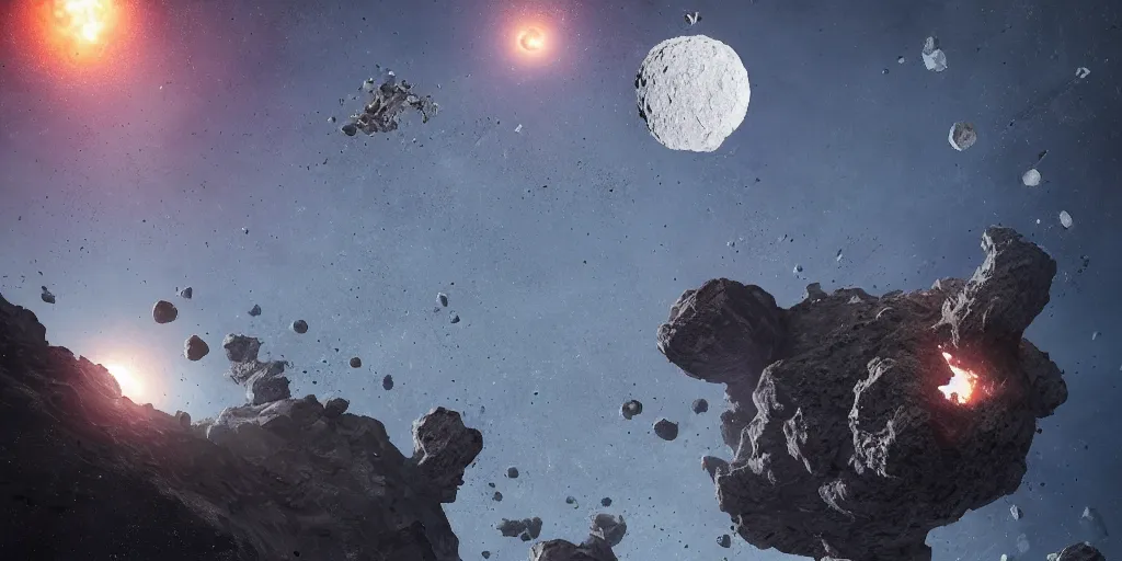 Image similar to huge asteroid destroying the moon, a lot of flying debris, greg rutkowski, 8 k, shallow depth of field, ultra high detail, concept art,