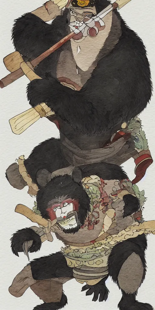 Image similar to anthropomorphic, half man half asian black bear, black bear samurai, Moon Bear Samurai, epic, samurai, illustration, watercolor, in the style of Studio Ghibli, Hayao Miyazak