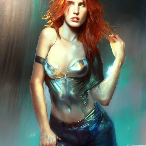 Prompt: full figure bella thorne, hyperrealistic portrait, bladerunner street, art of elysium and jeremy mann and alphonse mucha, fantasy art, photo realistic, dynamic lighting, artstation, poster, volumetric lighting, very detailed face, 4 k, award winning