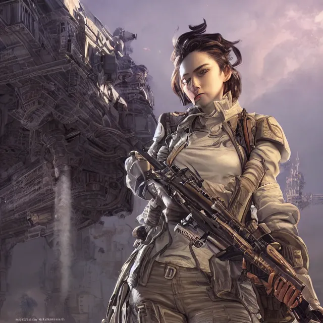 Prompt: the portrait of lawful neutral female futuristic infantry sniper as absurdly beautiful, gorgeous, elegant, young woman looking up, an ultrafine hyperdetailed illustration by kim jung gi, irakli nadar, intricate linework, bright colors, octopath traveler, final fantasy, unreal engine 5 highly rendered, global illumination, radiant light, detailed and intricate environment