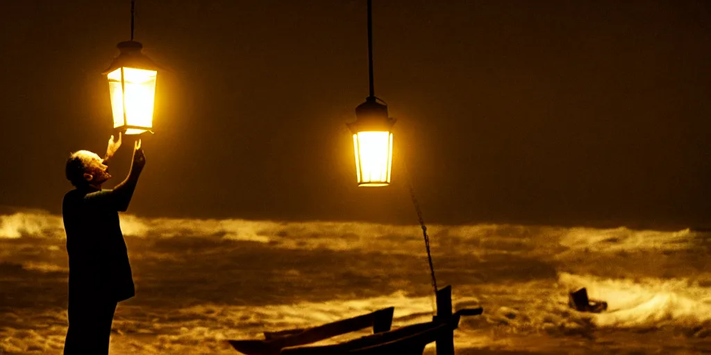 Image similar to film still of closeup old man holding up lantern by his beach hut at night. pirate ship in the ocean by emmanuel lubezki