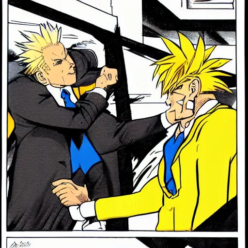 Image similar to johnny sins going super sayan in a fight against saul goodman, illustrated by alex toth