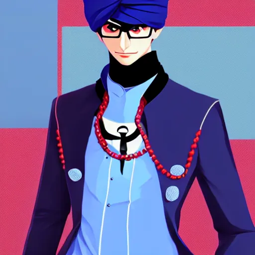 Image similar to A young man wearing a blue turban, beardless, shaven face, middle-eastern, in the style of Persona 5, Persona 5, Persona 5 artwork