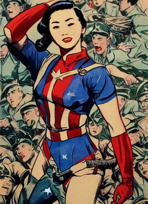 Image similar to beautiful asian female captain america standing on a pile of defeated, beaten and broken german soldiers. feminist captain america wins wwii. american wwii propaganda poster by james gurney. gorgeous face. overwatch. anime