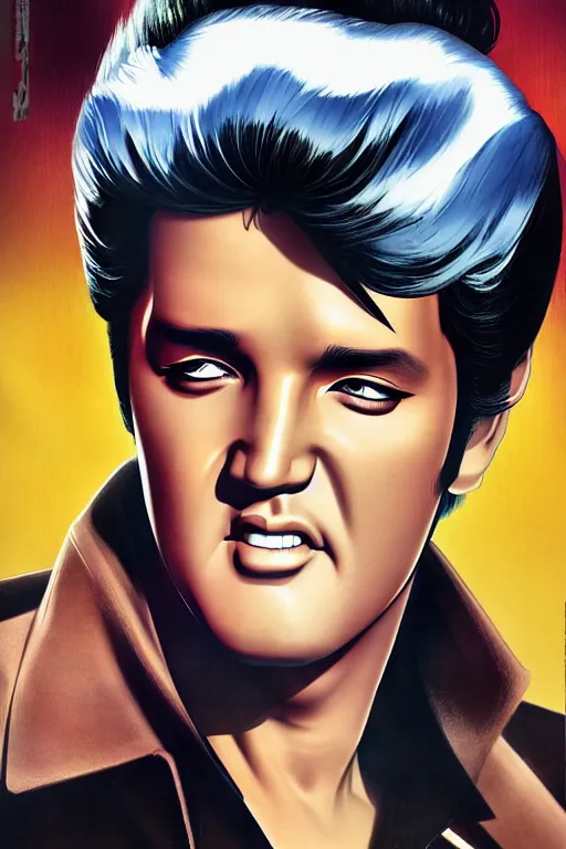 Image similar to elvis presley, manga cover art, detailed color portrait, artstation trending, 8 k, greg rutkowski