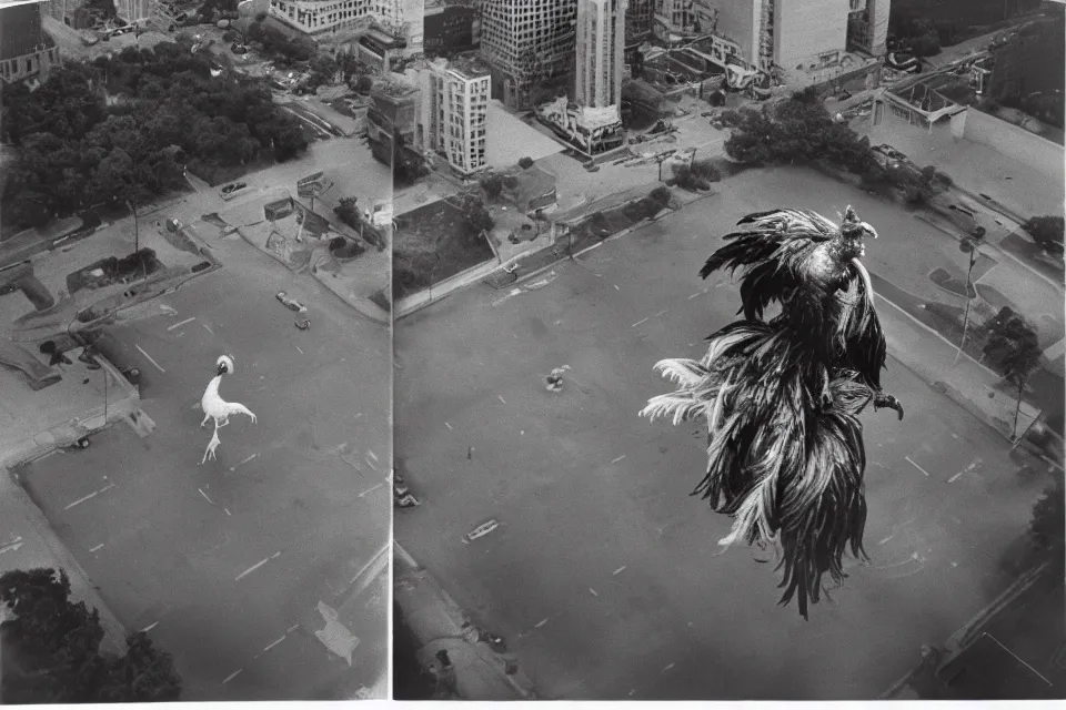 Image similar to still image taken from sci fi horror movie of a giant rooster fights an monster in the city. aerial shot, 1 9 8 0 s polaroid photo - journalism flash photograph.