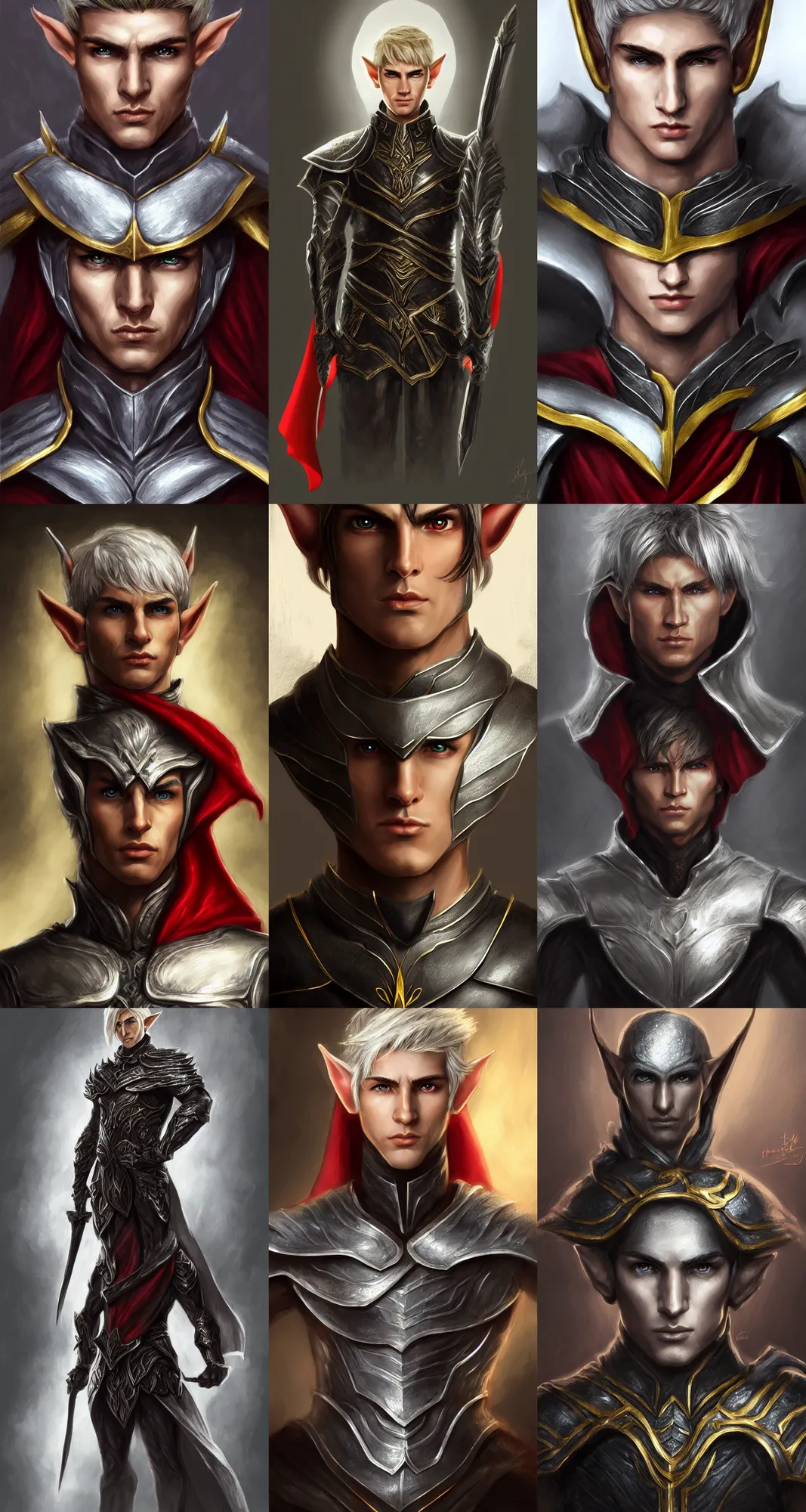 Image similar to A medium shot portrait of a male elf, he is about 20 years old, attractive, lean but muscular, serious composure, short silver hair, prideful look, he is wearing black heavy armor with gold plating and a red cape, highly detailed portrait, digital painting, ArtStation, concept art, smooth, sharp focus illustration, ArtStation HQ