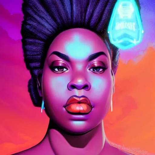 Image similar to african bbw neon queen, science fiction, highly detailed, digital painting, beautiful eyes, symmetry, concept art, sharp focus, volumetric lighting, illustration, global illumination, radiant light, synthwave colors, detailed and intricate environment, art by artgerm and greg rutkowski and magali villeneuve and ilya kuvshinov!