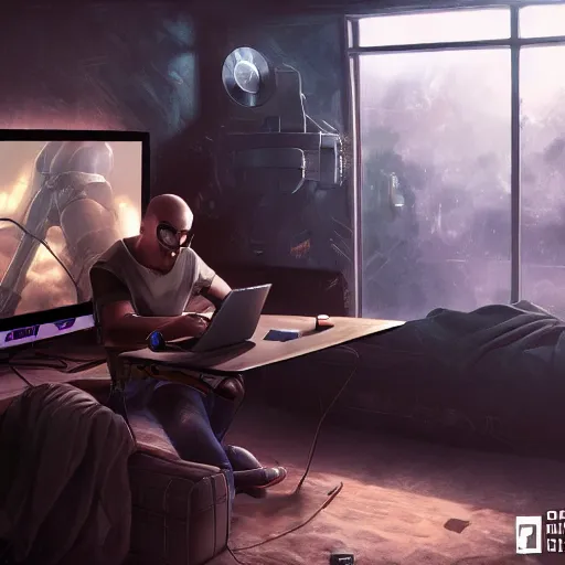 Image similar to realistic man using laptop in gaming room, artstation trends, sci fi concept art, highly detailed, intricate, sharp focus, digital art, 8 k