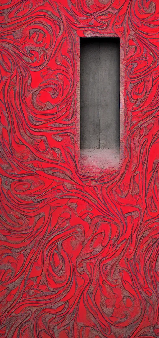 Image similar to huge detailed red door standing in wasteland in style of zdzisław beksinski, fractal patterns,