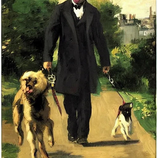 Prompt: Tom Hardy walking a dogs by Edouard Manet