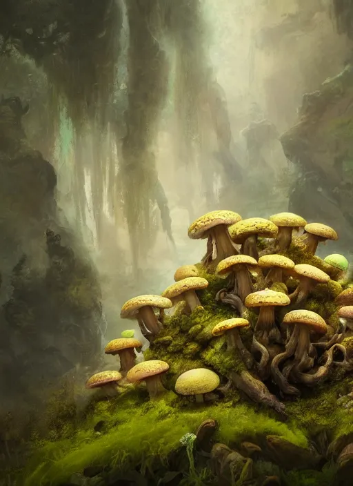 Prompt: Head of a forgotten Deity, translucent mushrooms, moss, extremly detailed digital painting, in the style of Fenghua Zhong and Ruan Jia and jeremy lipking and Peter Mohrbacher, mystical colors, rim light, beautiful lighting, 8k, stunning scene, raytracing, octane, trending on artstation