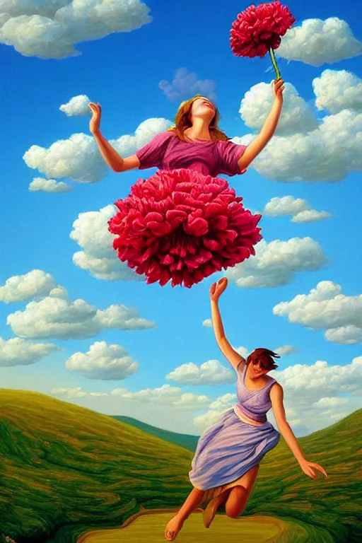 Image similar to look up, giant carnation flower head, woman jumping, clouds in blue sky, surreal, impressionist painting, digital painting, artstation, rob gonsalves