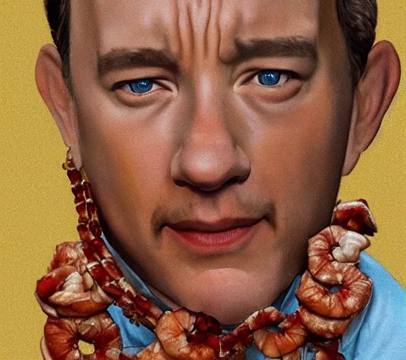 Prompt: Tom hanks as forrest gump wearing a necklace of shrimps around the neck, realistic face, digital art, in the style of Vitaly Samarin Alexiu, amazing detail, artstation