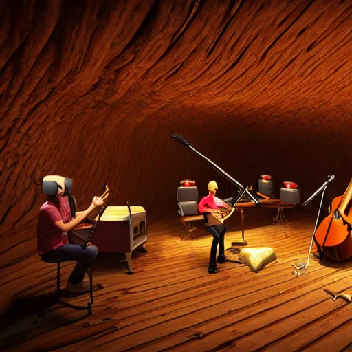 Image similar to A photorealistic wood log cave music studio in virtual reality with virtual people playing instruments, light rays coming out of the windows, bounce lighting, unreal engine, photorealistic