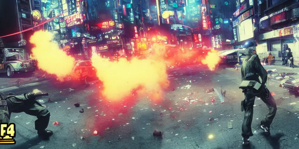 Image similar to 1991 Video Game Screenshot, Anime Neo-tokyo Cyborg bank robbers vs police shootout, bags of money, Police officer hit, Bullet Holes and Blood Splatter, Hostages, Smoke Grenade, Sniper, Chaotic, Cyberpunk, Anime VFX, Machine Gun Fire, Violent, Action, Fire fight, FLCL, Free-fire, Highly Detailed, 8k :4 by Katsuhiro Otomo + Studio Gainax + Arc System Works : 8