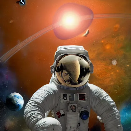 Image similar to giant astronaut floating among the planets in the solar system, oil on canvas, intricate, 8k highly professionally detailed, HDR, CGsociety