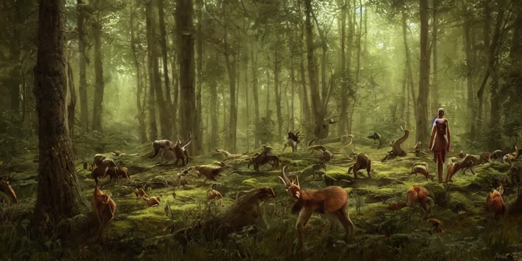 Prompt: 'wood-elf surrounded by animals in the woods, art by Greg Rutkowski, 4k'