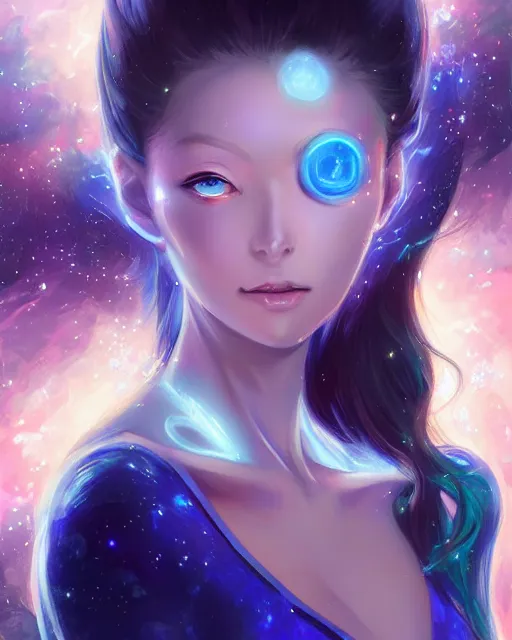 Image similar to A realistic anime portrait of a beautiful cosmic woman with glowing blue eyes and cosmic skin wearing clothes made of universes, digital painting, by Stanley Artgerm Lau, Sakimichan, WLOP and Rossdraws, digtial painting, trending on ArtStation, SFW version