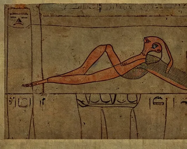 Image similar to An alien falling asleep in Ancient Egypt, Realistic photograph