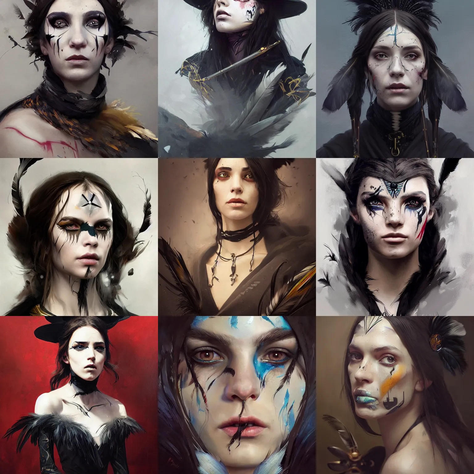 Prompt: hyper realistic portrait painting, beautifully rendered, gorgeous young witch with ceremonial markings and black feathers painted by greg rutkowski, wlop, artgerm, dishonored 2