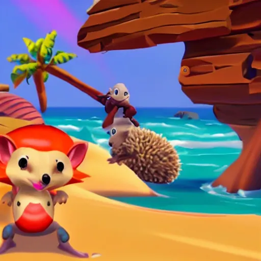 Image similar to hedgehog in a bikini in sea of thieves, hedgehog wearing a bikini, cute, colourful, happy, adorable, funny