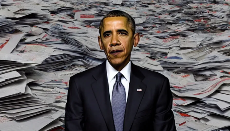 Image similar to obama nervously standing by a mountain of papers, cnn news footage, 8 k.