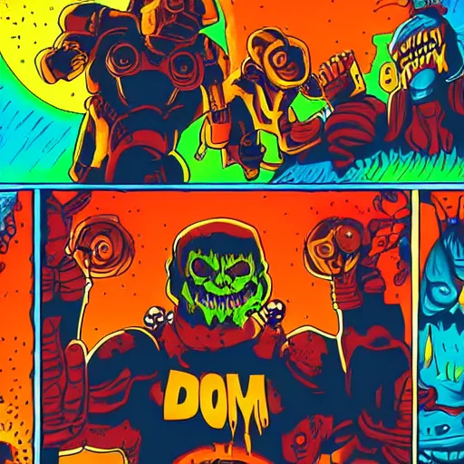 Prompt: doom guy gives surprise birthday party to demon, doom, colourful, sunny day, cheery, highly detailed