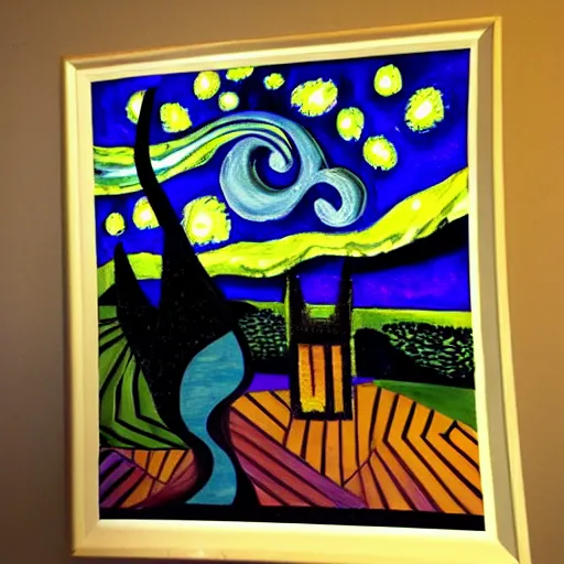 Image similar to starry night painting in the style of cubism