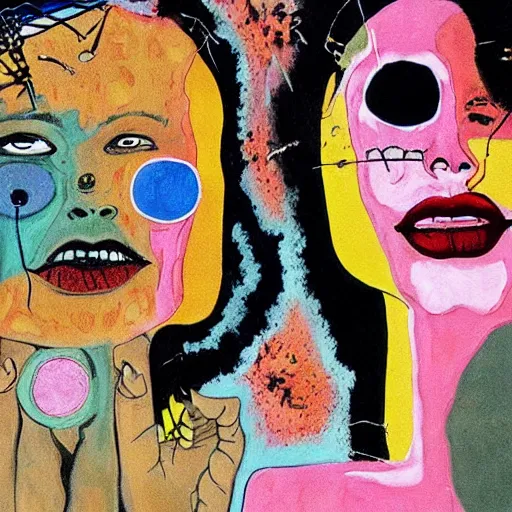 Image similar to beautiful painting of two bizarre psychedelic women kissing each other closeup on an alien planet, speculative evolution, mixed media collage by basquiat and junji ito, magazine collage art, paper collage art, sapphic art, lesbian art