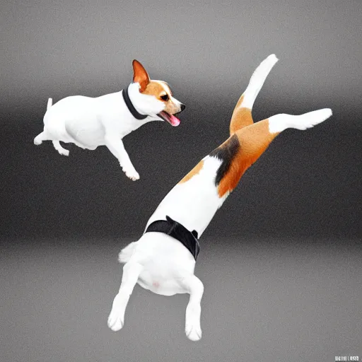 Image similar to black and white jack russell terrier jumping in the air, photorealistic