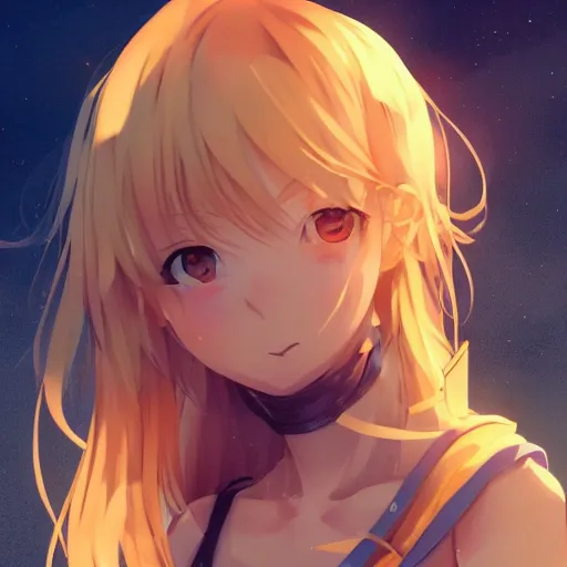 Prompt: a very beautiful anime girl, full body, two meter long golden hair, sky blue eyes, full round face, short smile, short jeans, cute top, metal concert setting, cinematic lighting, medium shot, mid-shot, highly detailed, trending on Artstation, Unreal Engine 4k, cinematic wallpaper by Stanley Artgerm Lau, WLOP, Rossdraws, James Jean, Andrei Riabovitchev, Marc Simonetti, and Sakimichan