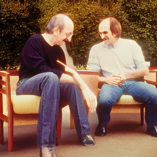 Prompt: photograph douglas adams discussing happier times with steve jobs on campus 1 9 8 8, healthy, douglas adams, in thomas ruff style, 3 5 mm ektachrome