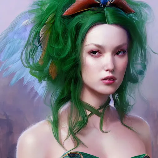 Image similar to A masterpiece portrait of a copper princess menacing girl with tall green amazing victorian wig with parrot wings. trending on artstation, digital art, by Stanley Artgerm Lau, WLOP, Rossdraws, James Jean, Andrei Riabovitchev, Marc Simonetti, Yoshitaka Amano