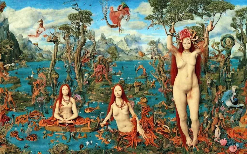 Image similar to a portrait photograph of a meditating mermaid shaman and a flayed centaur monk feeding parrots at a wide river delta. surrounded by bulbous flowers, animals and trees. mountain range under a vast blue sky of burning stars. painted by jan van eyck, max ernst, ernst haeckel, ernst fuchs and artgerm, trending on cgsociety