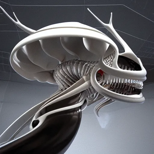 Prompt: xenomorph biomorphic futuristic time machine designed by santiago calatrava, octane 8 k 3 d render