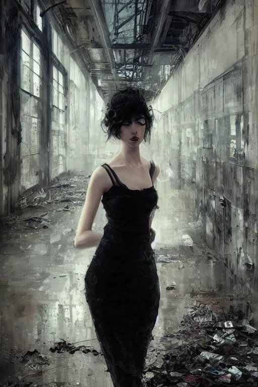 Prompt: a girl wearing a black lace dress and thigh highs walking in an abandoned factory, digital art, beautiful face, expressive oil painting, by yoshitaka amano, by artgerm, by jeremy lipking, volumetrics, mood