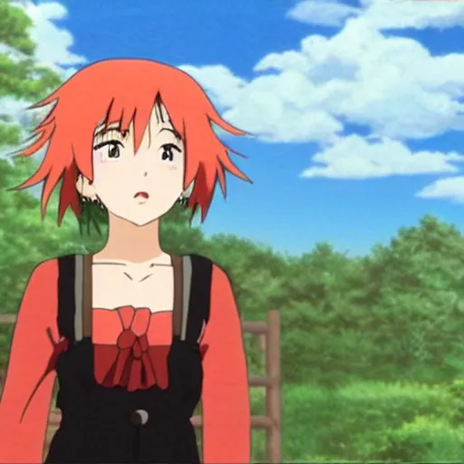 Prompt: A still from an anime of a young woman with a fake nose has red hair in the style of Studio Ghibli,