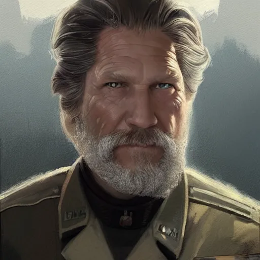 Image similar to portrait of a man by greg rutkowski, he looks like jeff bridges, wearing the military uniform of the corellian confederation, star wars expanded universe, he is about 5 0 years old, highly detailed portrait, digital painting, artstation, concept art, smooth, sharp foccus ilustration, artstation hq