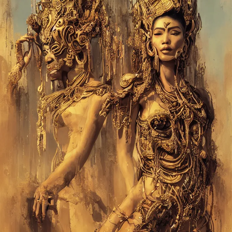 Image similar to intricate drawing of a female deity, cambodian fashion, cyberpunk ornaments, thin strands, porcelain skin, greg rutkowski, james gurney, john berkey, hyperrealistic, backlit
